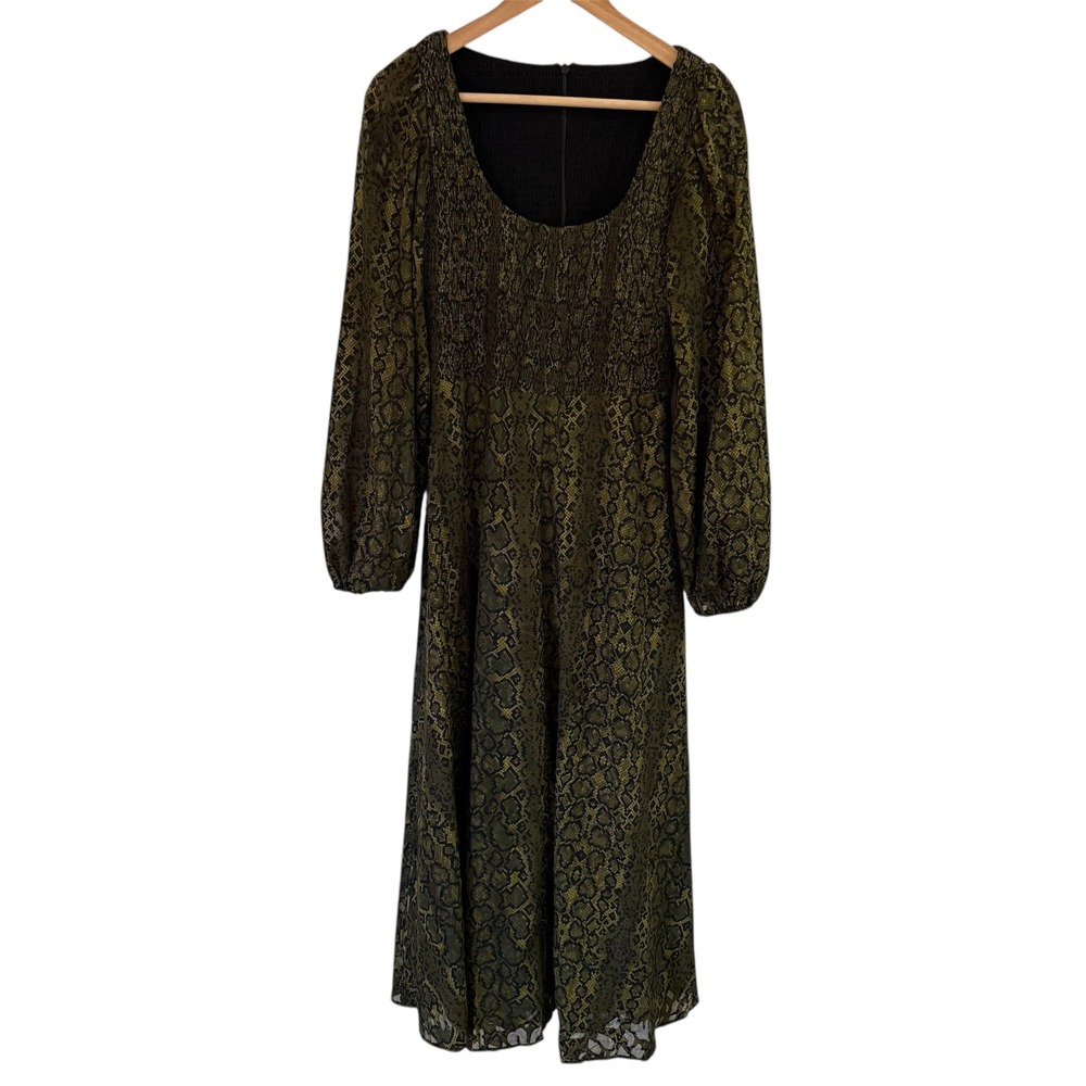 Anthropologie Snake Print Smocked Bodice Square Neck Long Sleeve Midi Dress
